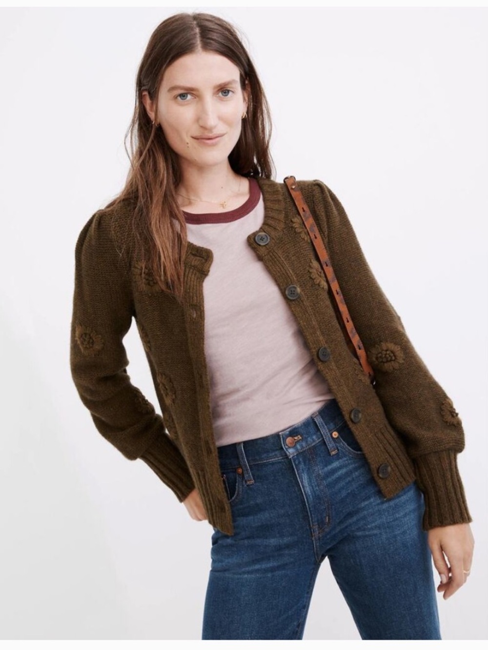 Madewell | Embroidered Edencroft Pleat-Sleeve Cardigan Sweater in Green - Picture 2 of 9